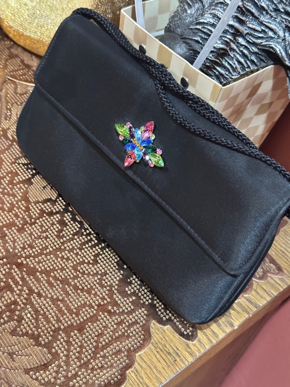 Valerie Stevens Black Satin Clutch with Multicolor Jewel Accent